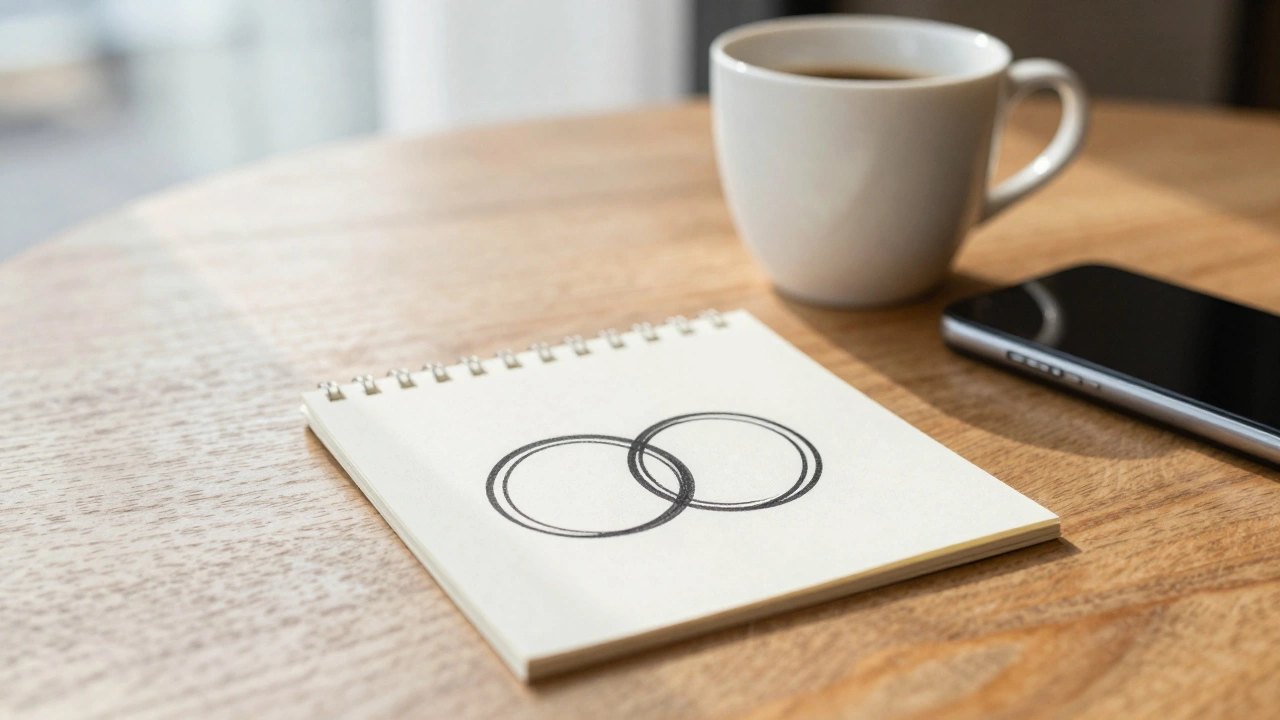 A handwritten note with two interlocked circles beside a coffee cup on a wooden table.