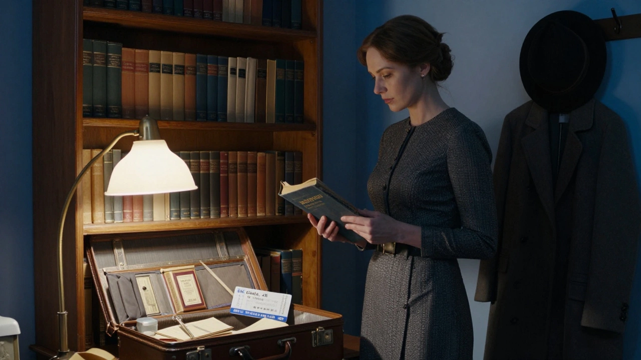 A woman preparing for travel with books and train tickets in a Saint Petersburg apartment.