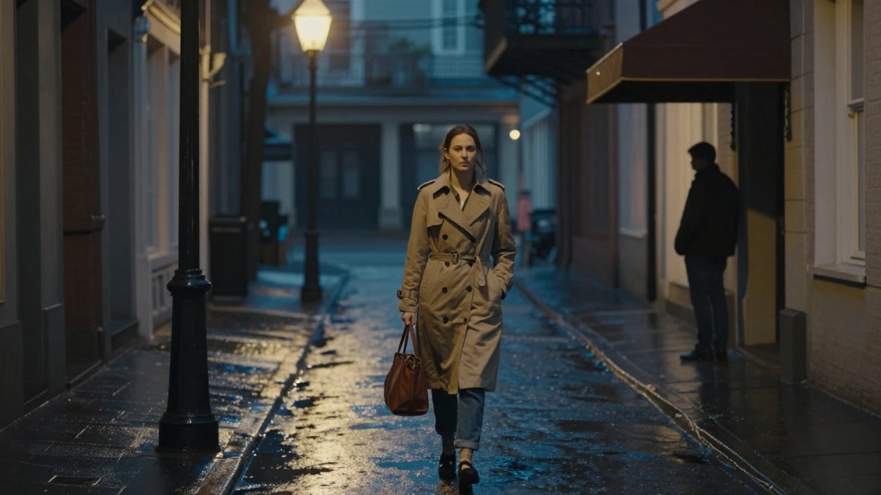 A woman walking alone at night on a quiet street in Orleans under vintage streetlamps.