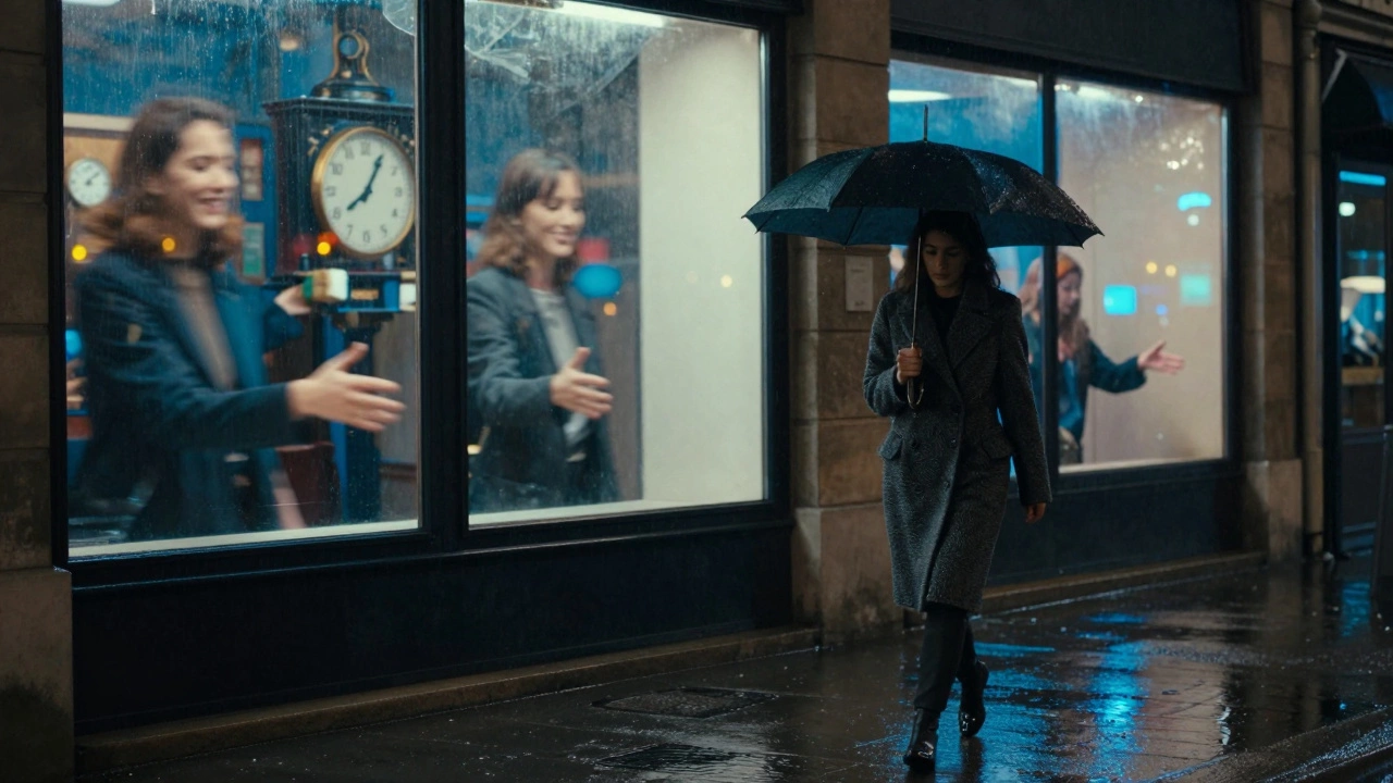 A woman walks alone through rainy Paris streets, her reflection showing fleeting moments of past clients.