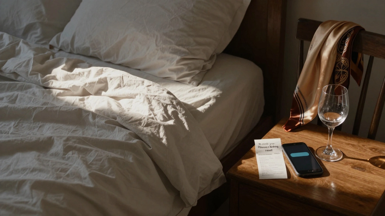 An empty bedroom at dawn, a folded receipt and unread message on the nightstand beside a wine glass.